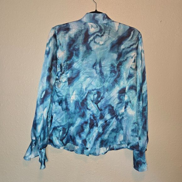 Jones New York Tops - Jones New York Satin Ruffle Blouse Small - Blue Watercolor Tie Dye Top